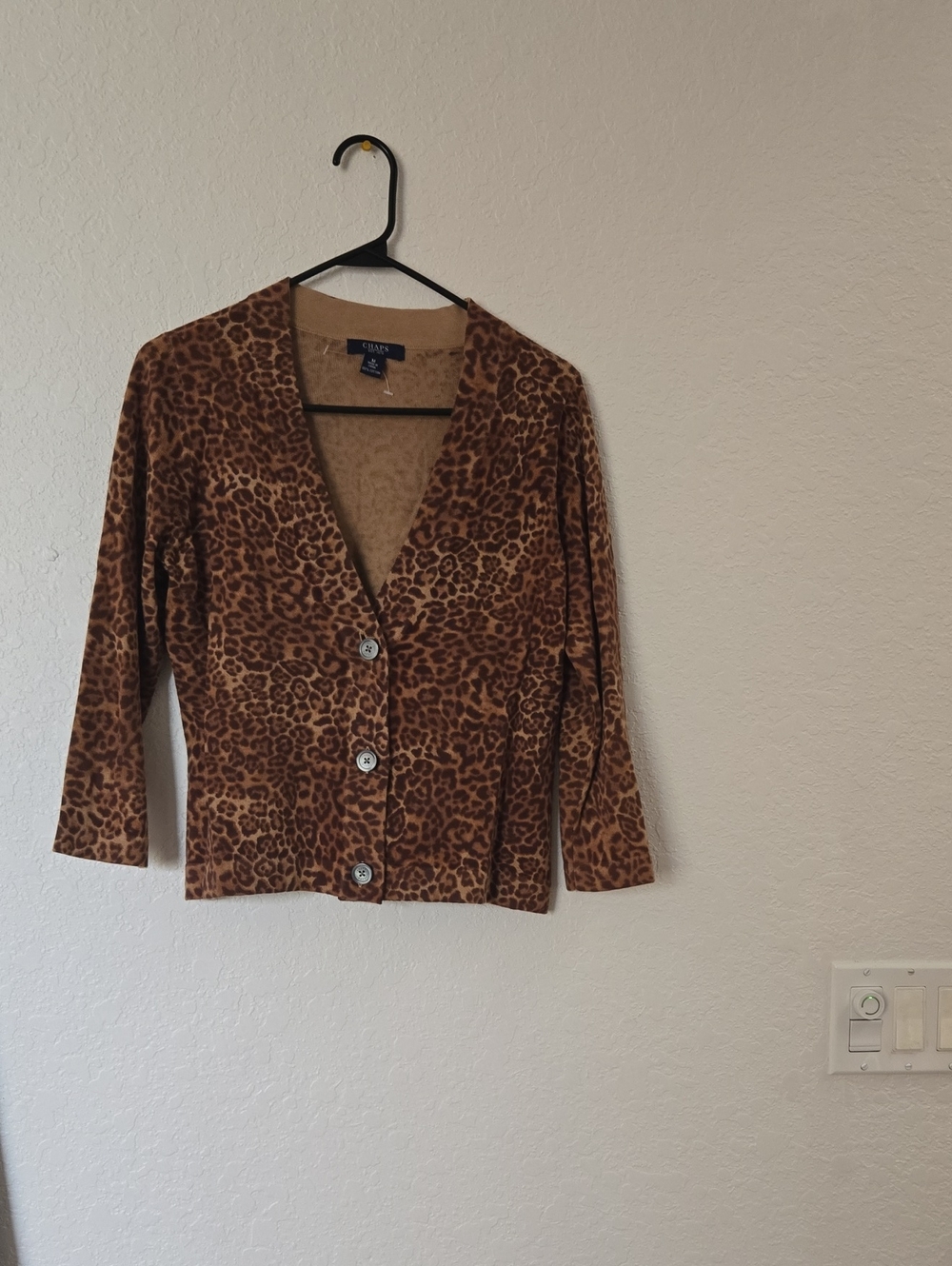 Chaps Brown Leopard-Print Button Front Cardigan.